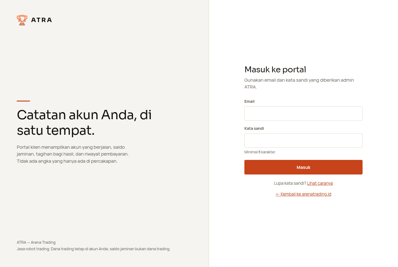 Halaman masuk portal klien ATRA dengan kolom email dan kata sandi.